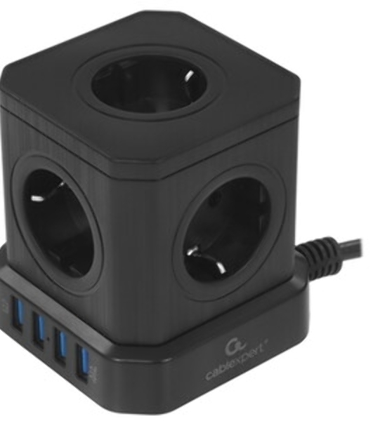 Сетевой фильтр Cablexpert Tower, TWR-5-U4-B-3, 5 р, 10А, 4хUSB, 3.1А, 3 м, ур.защиты 4+, черный, коробка