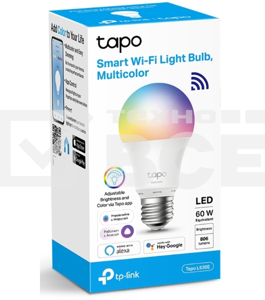 Умная многоцветная Wi‑Fi лампа Tapo Smart WiFi Bulb, A60 size，E27 base, 9.5W, 16 million colors, 2000k-6500k tunable white, 800 lumens brightness and diммable, 802.11b/g/n 2.4G WiFi connection, work with 200-240 V, 50/60 Hz power voltage and frequency, wo
