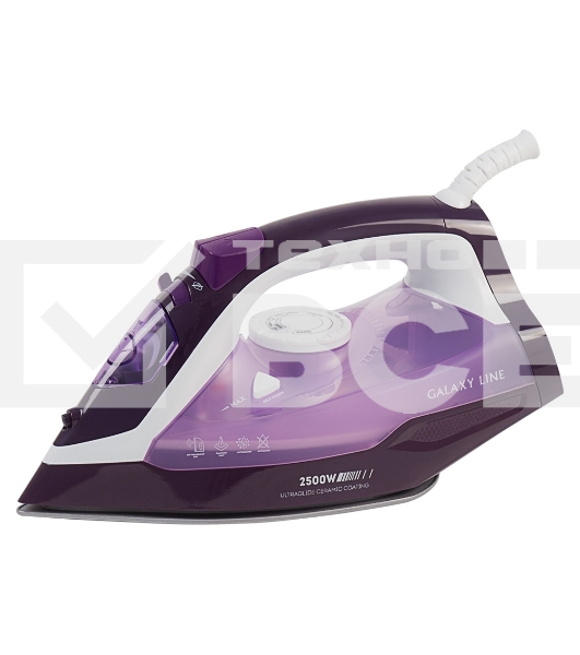 Утюг Galaxy Line GL 6124, фиолетовый с белым, паровой, 2500 Вт, постоянный пар 50 г/мин, паровой удар 230 г/мин, функции: самоочистка, антикапля, антинакипь, функция увлажнения, вертикальное отпаривание, защита от перегрева, индикатор нагрева, керамическо