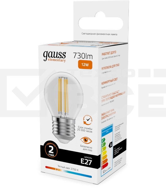 Лампа филам. Gauss Filament 12Вт цок.:E27 шар св.свеч.бел.теп. (упак.:10шт) (52212)