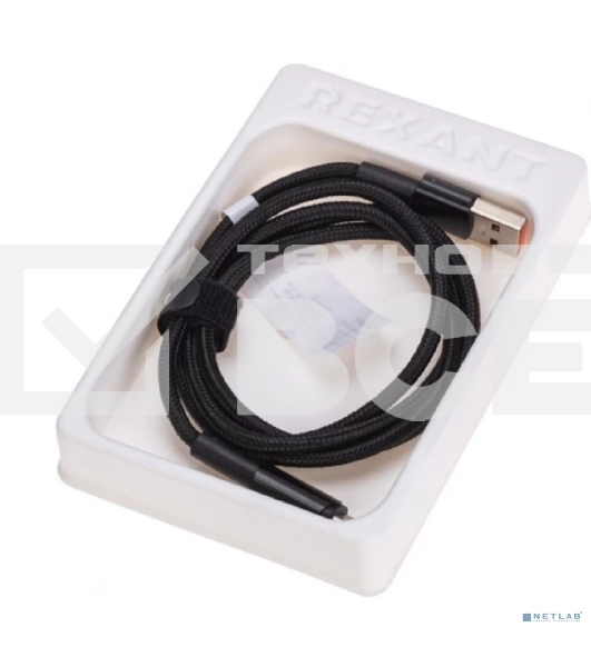 Кабель Rexant 18-7064 USB-A – Type-C, 6А, 66Вт, 1м, в черной нейлоновой оплетке, со световой индикацией