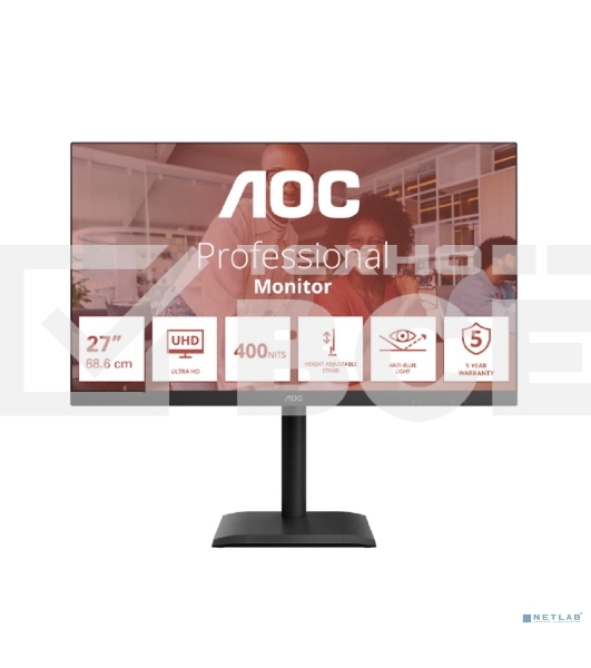 Монитор 27' AOC U27E4CV IPS 3840x2160, 60 Гц, 4 мс, 16:9, 400 кд/м², 2xHDMI 2.0, DP 1.4, DP Out, USB-C (90 Вт), USB Hub (4x USB 3.2), RJ45, 3.5 Jack, динамики (2x2 Вт), HDR Ready, Adaptive-Sync, VESA 100x100, черный