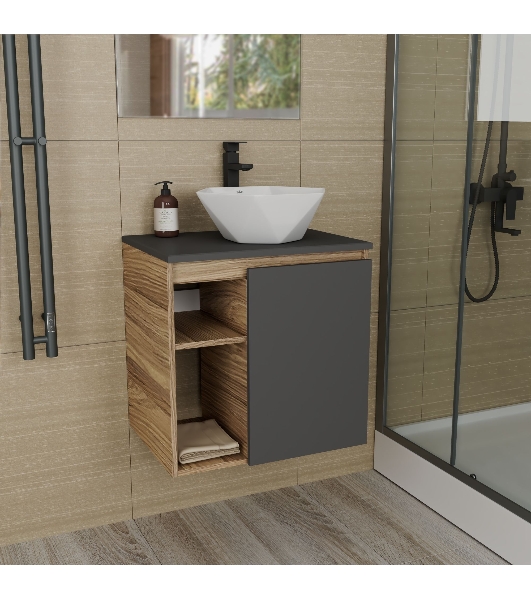 Тумба Bau Dream Blackwood 60 правая, графит, раковина BAU Crystal 40х40, смеситель для раковины высокий Hotel Black, черный