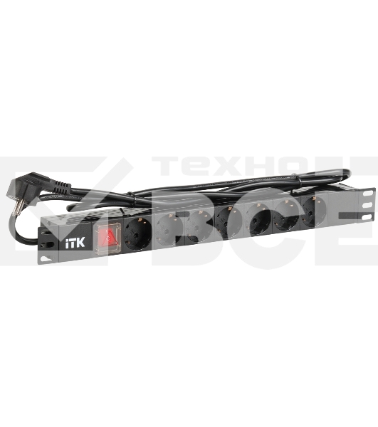 Блок розеток ITK PDU 7 розеток DIN49440 (нем. cтанд.) с LED выключателем, 1U, шнур 2м вилка DIN49441 (нем. станд.), профиль из ПВХ, черный
