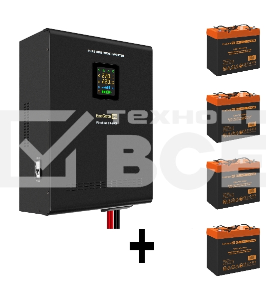Комплект ИБП EX296005RUS + батарея 55Aч EX285652RUS 4шт (инвертор, синус, для котла, настенный) ExeGate FineSine SX-7000.LCD.AVR.2SH.T <7000VA/5000W, чистая синусоида, цветной LCD-дисплей, AVR, 2*Schuko+клеммы, линейно-интерактивный, крепление настенное, 