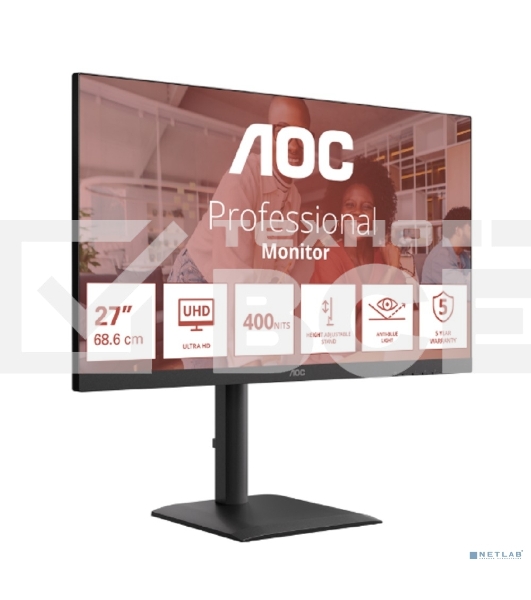 Монитор 27' AOC U27E4CV IPS 3840x2160, 60 Гц, 4 мс, 16:9, 400 кд/м², 2xHDMI 2.0, DP 1.4, DP Out, USB-C (90 Вт), USB Hub (4x USB 3.2), RJ45, 3.5 Jack, динамики (2x2 Вт), HDR Ready, Adaptive-Sync, VESA 100x100, черный