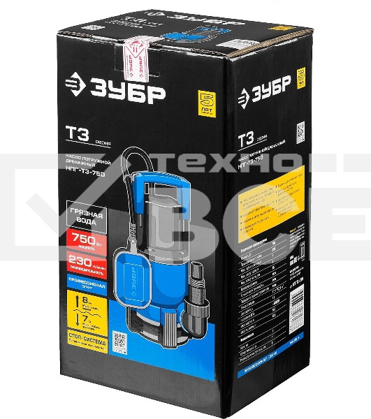Насос ЗУБР НПГ-Т3-750 профессионал т3 погружной дренажный для грязной воды d частиц до 35мм 750Вт
