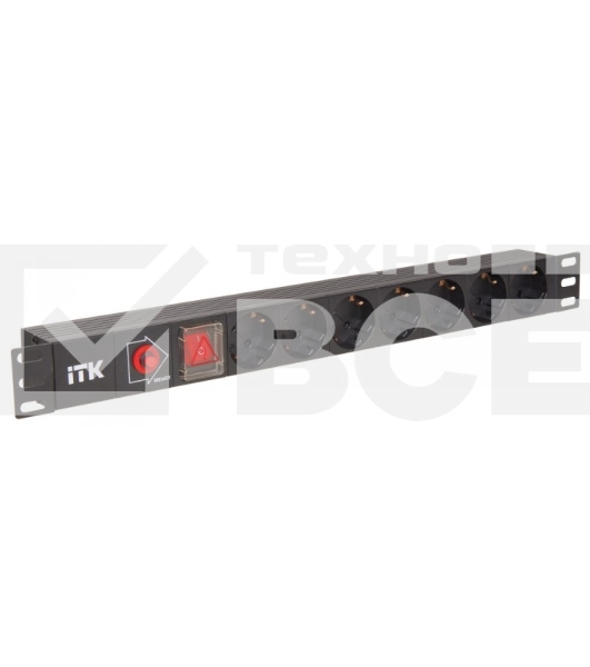 Блок розеток ITK PDU 7 розеток DIN49440 (нем. cтанд.) с LED выключателем, 1U, шнур 2м вилка DIN49441 (нем. станд.), профиль из ПВХ, черный