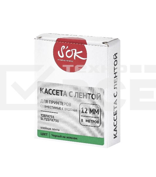 Кассета с лентой S'OK by Sakura Printing TZEFX731 для Brother, черный на зеленом, 12мм/8м, наклейка