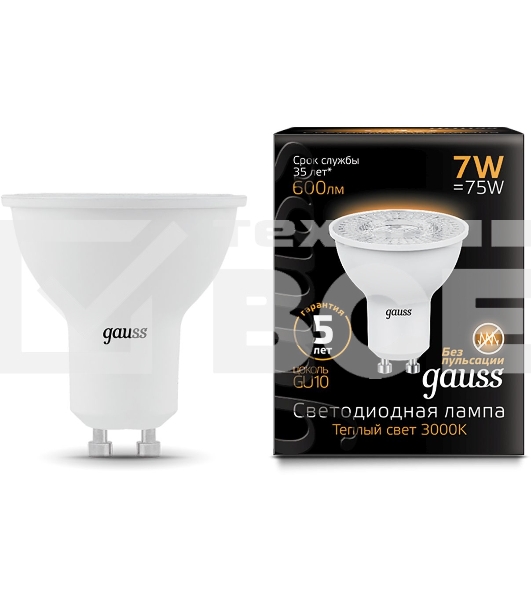 Лампа светодиодная Gauss Black 7Вт цок.:GU10 рефлек. 220B 3000K св.свеч.бел.теп. MR16 (упак.:10шт) (101506107)