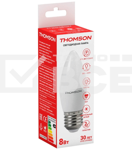 Лампа светодиодная Hiper THOMSON LED CANDLE 8W 670Lm E27 4000K TH-B2022