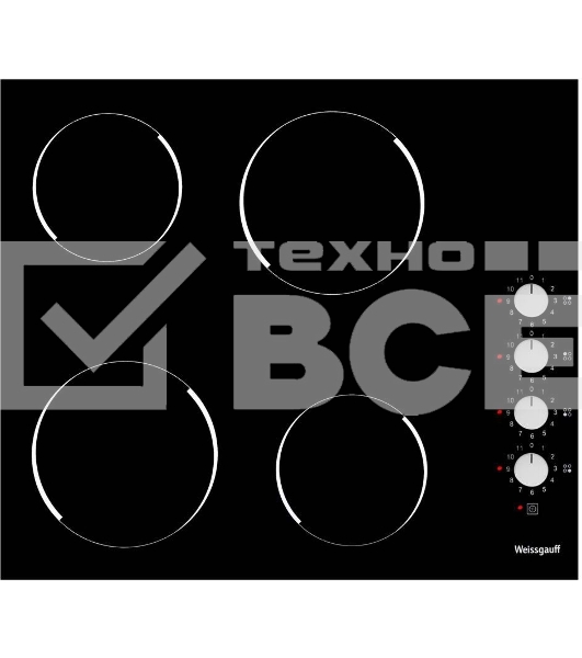 Варочная поверхность Weissgauff HV 640 BK 60 см, стеклокерамика Vitro Ceramic Glass, механическое управление, автоотключение, индикация степени нагрева, таймер, блокировка от детей, черная