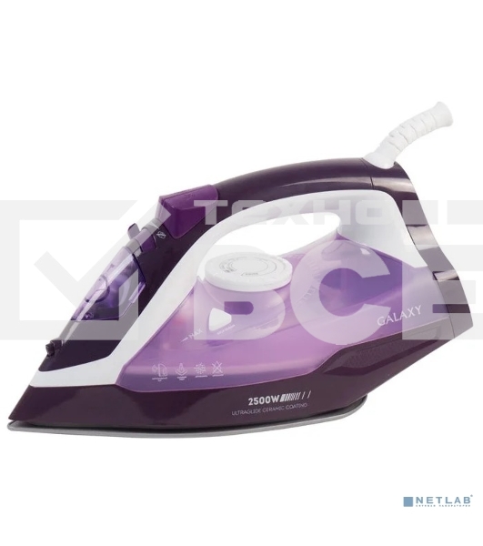 Утюг Galaxy Line GL 6124, фиолетовый с белым, паровой, 2500 Вт, постоянный пар 50 г/мин, паровой удар 230 г/мин, функции: самоочистка, антикапля, антинакипь, функция увлажнения, вертикальное отпаривание, защита от перегрева, индикатор нагрева, керамическо