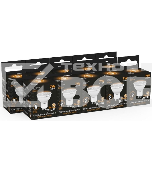 Лампа светодиодная Gauss Black 7Вт цок.:GU10 рефлек. 220B 3000K св.свеч.бел.теп. MR16 (упак.:10шт) (101506107)