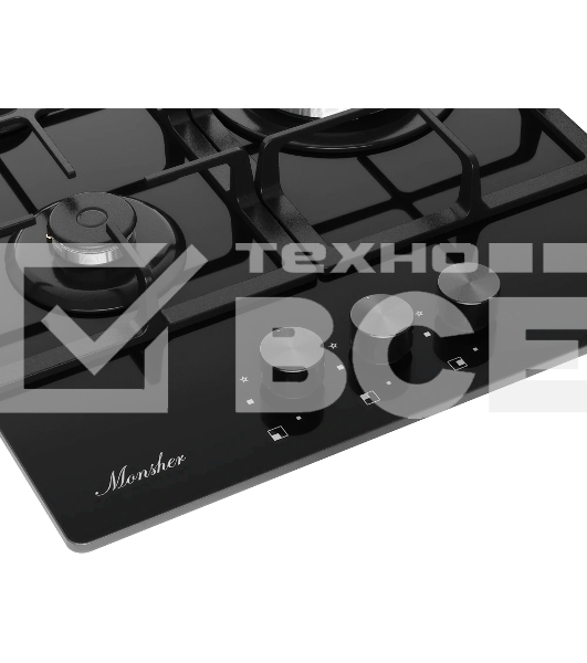 Варочная поверхность MONSHER/ Варочная поверхность MONSHER, газ, High-Tech, 45 см, автоматический электроподжиг, газ-контроль, форсунки под сжиженый газ, SABAF конфорки, чугунные решетки, цвет черный