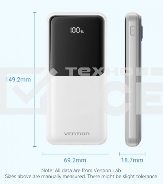 Портативный аккумулятор Vention Power Bank 10000mAh(Micro-USB/C/A/A) со встроенными кабелями 22.5W белый с LED Дисплеем, шт.