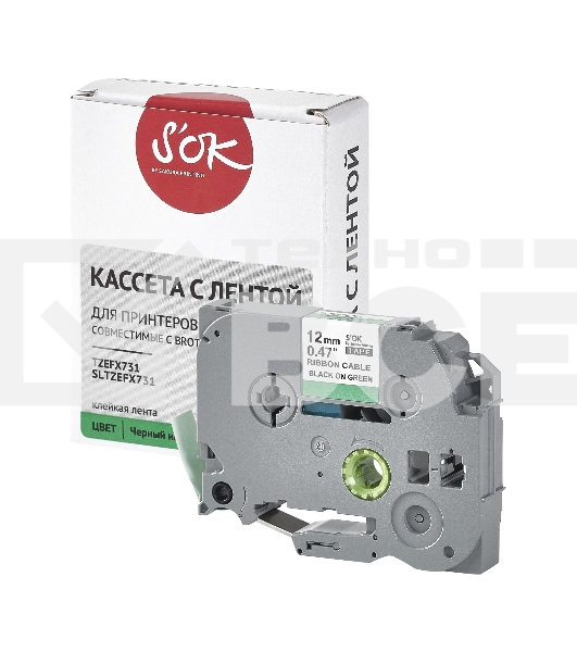 Кассета с лентой S'OK by Sakura Printing TZEFX731 для Brother, черный на зеленом, 12мм/8м, наклейка