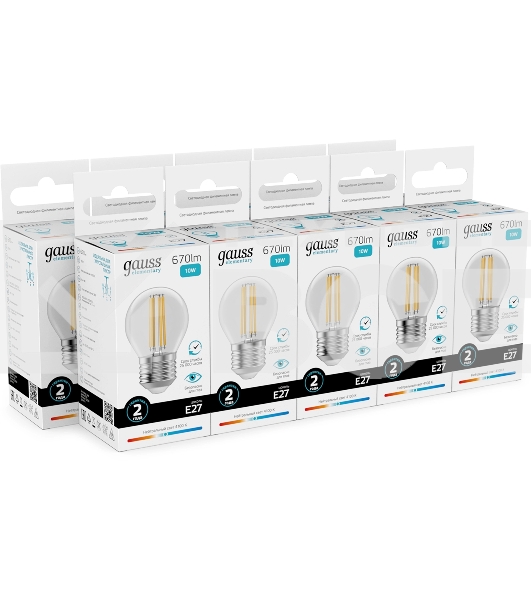 Лампа филам. Gauss Filament 10Вт цок.:E27 шар св.свеч.бел.нейт. (упак.:10шт) (52220)