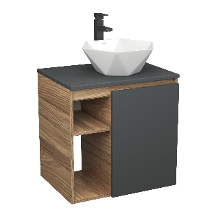 Тумба Bau Dream Blackwood 60 правая, графит, раковина BAU Crystal 40х40, смеситель для раковины высокий Hotel Black, черный