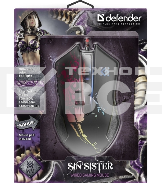 Мышь проводная Defender Sin'Sister GM-933 черный, 7200 dpi, USB, кнопки - 6