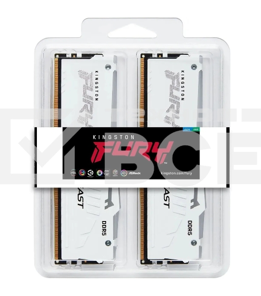 Оперативная память Kingston Fury Beast, DDR5, 32GB (2x16GB), 6000MHz, CL30, DIMM, с радиаторами, RGB, белый