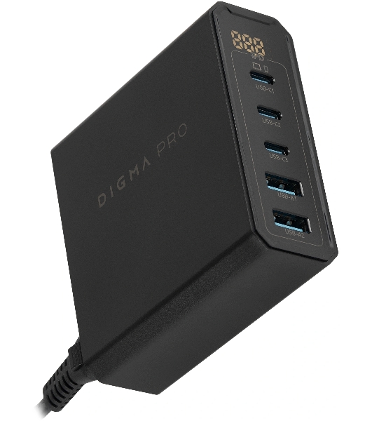 Настольное зарядное устройство Digma Pro DPW10A 140W 5A (PD+QC) 3хUSB-C/2xUSB-A универсальное черный (DPW1A4G024BK)