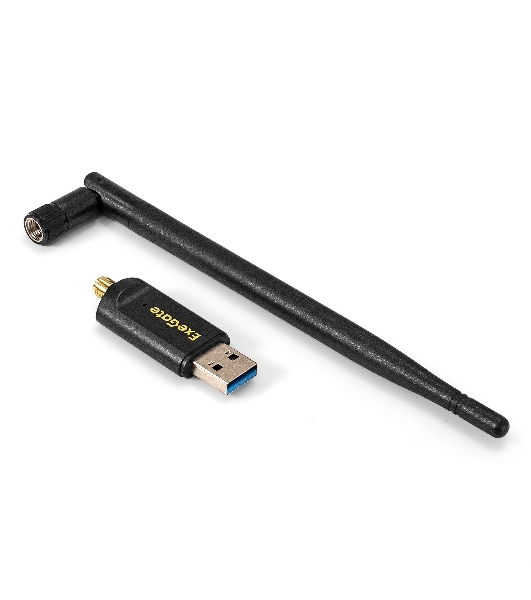 Сетевой адаптер Wi-Fi 5 двухдиапазонный высокого усиления ExeGate EDWA-186-AC1300-2 (Wi-Fi AC (a/b/g/n/ac), чипсет Realtek8812, 2.4 ГГц до 400 Мбит/с + 5 ГГц до 867 Мбит/с, 1x5dBi внешняя съемная антенна, USB 3.0)