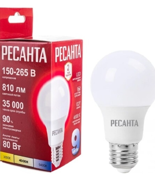 Лампа светодиодная Ресанта LL-R-A60-9W-230-4K-E27 груша, 9 Вт, нейтр., Е27
