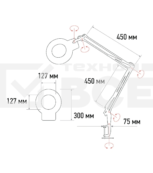 Лупа на струбцине Rexant, круглая, 5D, с подсветкой 56 SMD LED, белая 31-0403