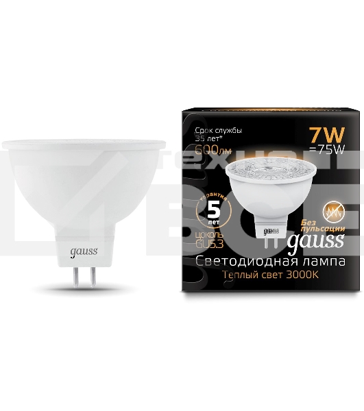 Лампа светодиодная Gauss Black 7Вт цок.:GU5.3 рефлек. 220B 3000K св.свеч.бел.теп. MR16 (упак.:10шт) (101505107)