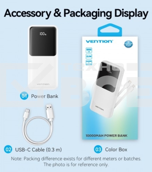 Портативный аккумулятор Vention Power Bank 10000mAh(Micro-USB/C/A/A) со встроенными кабелями 22.5W белый с LED Дисплеем, шт.