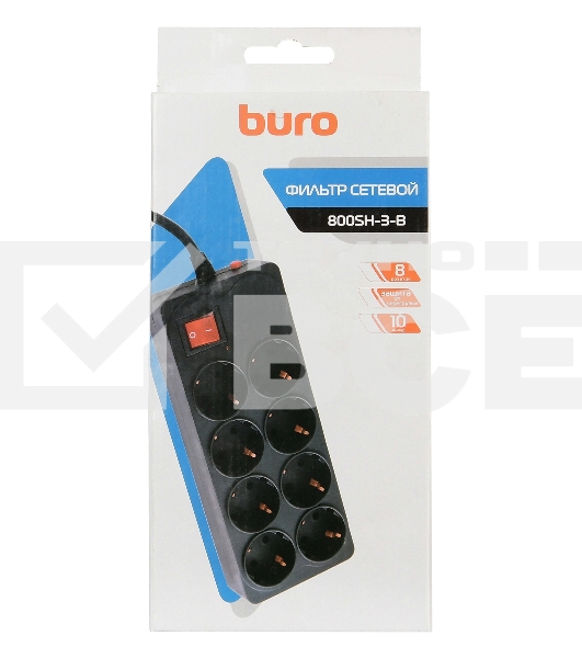 Сетевой фильтр Buro 800SH-3-B 3м (8 розеток) черный (коробка)