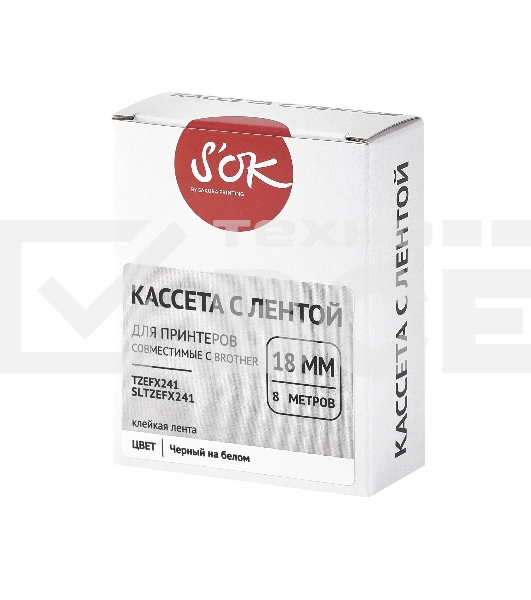 Кассета с лентой S'OK by Sakura Printing TZEFX241 для Brother, черный на белом, 18мм/8м, наклейка