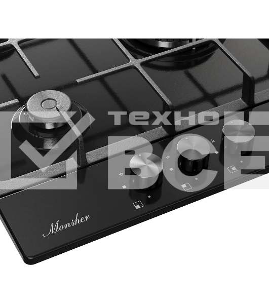 Варочная поверхность MONSHER/ Варочная поверхность MONSHER, газ, High-Tech, 44 см, автоматический электроподжиг, газ-контроль, форсунки под сжиженый газ, SABAF конфорки, чугунные решетки, цвет черный