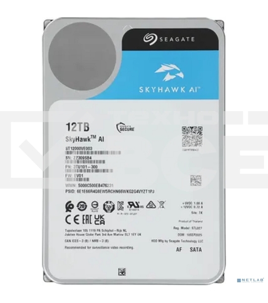 Жесткий диск Seagate SkyHawk AI ST12000VE003 12TB, 3.5', 7200RPM, SATA, 512MB