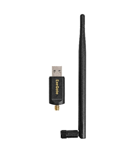 Сетевой адаптер Wi-Fi 5 двухдиапазонный высокого усиления ExeGate EDWA-186-AC1300-2 (Wi-Fi AC (a/b/g/n/ac), чипсет Realtek8812, 2.4 ГГц до 400 Мбит/с + 5 ГГц до 867 Мбит/с, 1x5dBi внешняя съемная антенна, USB 3.0)