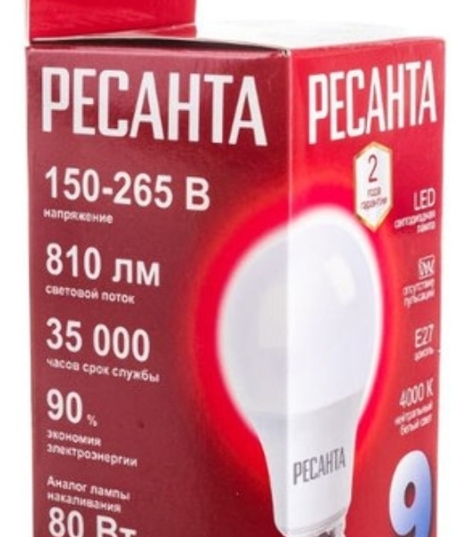 Лампа светодиодная Ресанта LL-R-A60-9W-230-4K-E27 груша, 9 Вт, нейтр., Е27