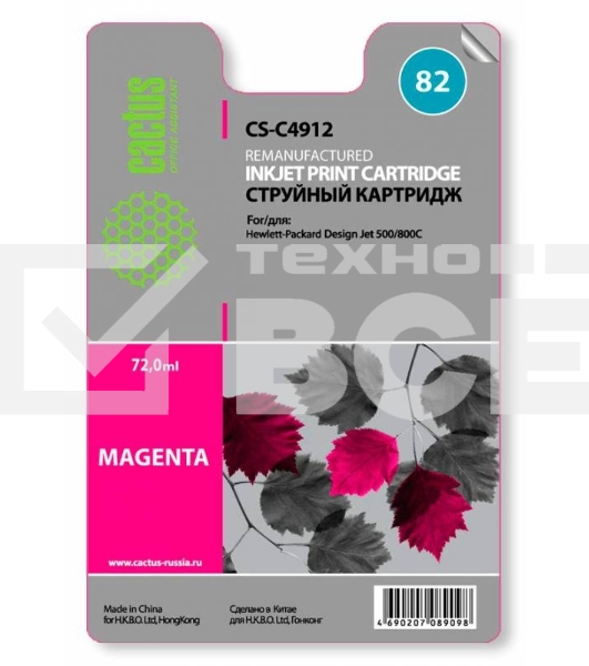 Картридж струйный Cactus CS-C4912 №82 пурпурный (72 ml) для HP Design Jet 500/800C