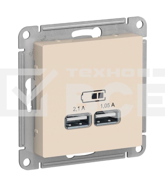 Розетка USB, 5В, 1 порт x 2,1 А, 2 порта х 1,05 А, механизм ATN000233 Schneider Electric Бежевый