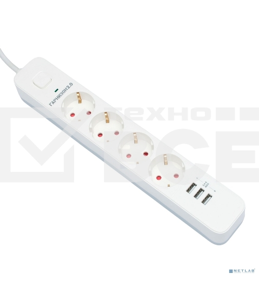 Сетевой фильтр Гарнизон 2.0 Мультипорт EPS-4-U3-W-2, 4 р, 10А, 3xUSB, 2м, ур.защиты 2+, белый, пакет