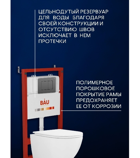 Комплект BAU 6 в 1: инсталляция BAU PRO, унитаз подвесной безободковый вихревой со скрытым сливом Bau Dream Hurricane3, сиденье дюропласт микролифт, кнопка смыва Stil Gun Grey, темно-серый металлик