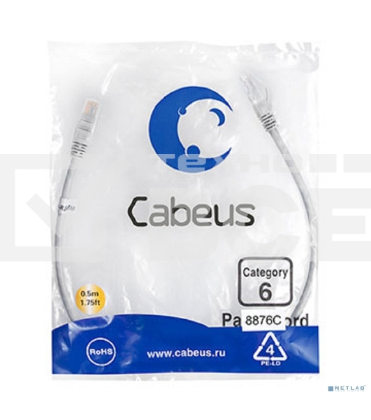 Шнур комм. Cabeus, кат. 6, неэкр., U/UTP, RJ45/RJ45, LSZH, AWG24, 0.5м, серый
