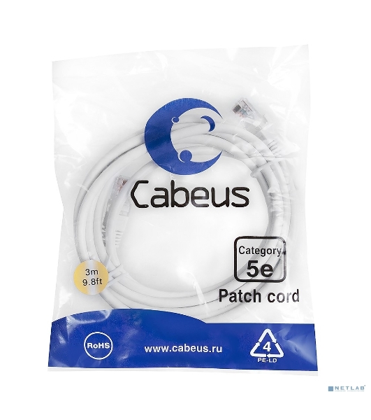 Шнур коммутационный Cabeus, Cat.5e, неэкр., U/UTP, RJ45/RJ45, LSZH, AWG24, 3м, белый