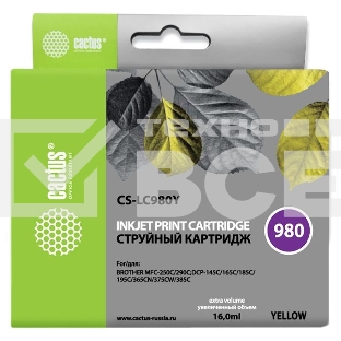 Картридж струйный Cactus CS-LC980Y желтый (16 мл) для Brother DCP-145C/165C MFC-250C/290C