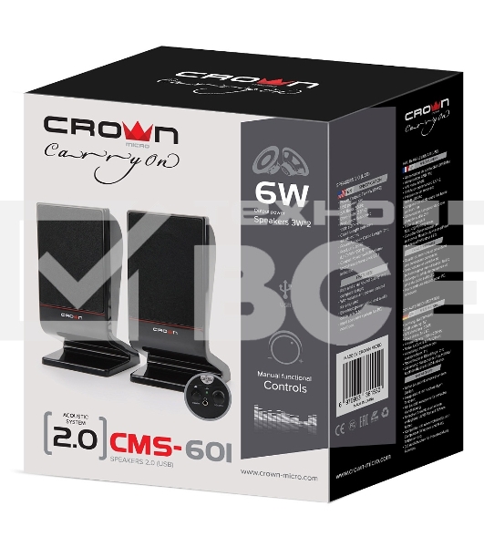 Колонки CROWN CMS-601 (USB, 6W; управление громкостью, разъём для наушников, кнопка включения, Длина кабеля между колонками 1м;Длина аудио-кабеля и питания 2м.)