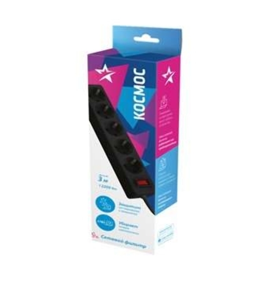 Удлинитель с сетевым фильтром Космос 5х3 м с заземл. 10А IP20 2.2 кВт 3х0.75 индикатор сети черный