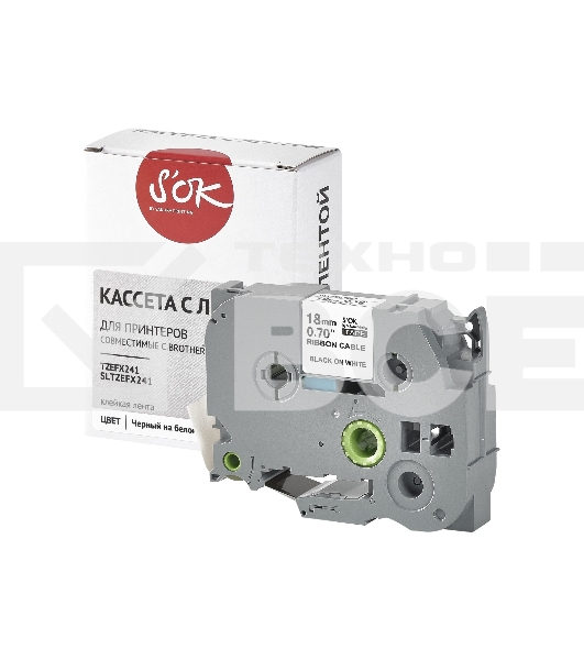 Кассета с лентой S'OK by Sakura Printing TZEFX241 для Brother, черный на белом, 18мм/8м, наклейка