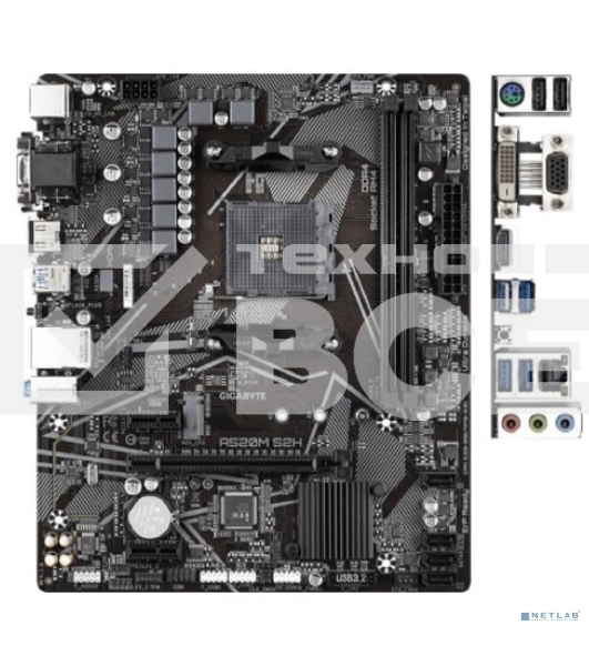 Материнская плата Gigabyte A520M S2H, AM4, AMD A520, 2xDDR4, 4xSATA, 1xM.2, 1xPCIe 3.0 x16, 2xPCIe x1, 1xHDMI, 1xDVI-D, 1xVGA, 1x 1Gb LAN, 4xUSB-A 3.2 Gen 1, 2xUSB-A 2.0, 3x3.5 мм, 7.1, mATX