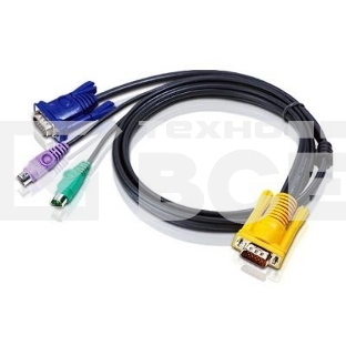 Шнур, мон+клав+мышь PS/2, SPHD15=>HD DB15+2x6MINI-DIN ATEN (2L-5202P) Male-3xMale, 8+6+6 проводов, опрессованный, 1.8 метр., черный