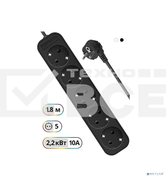 Удлинитель Defender с заземлением M518 1.8 м, 5 розеток, черный